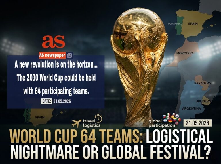 FIFA World Cup trophy with a background map of 2030 host countries Spain, Portugal, and Morocco, illustrating the proposed 64-team tournament expansion.