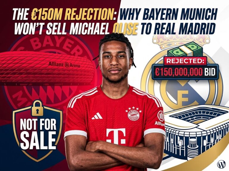 Michael Olise in a Bayern Munich kit in front of the Allianz Arena and Santiago Bernabeu stadiums, featuring a sign showing the rejection of Real Madrid's €150 million bid.