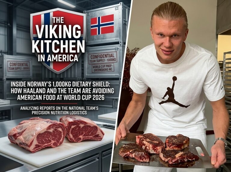 A split-screen promotional image for a sports blog. The left side features raw steaks on a kitchen counter next to storage crates with the Norwegian flag and text reading "The Viking Kitchen in America". The right side shows footballer Erling Haaland holding a tray of cooked steaks. The overlay text details Norway's plan to bring 1,000kg of food to the World Cup.