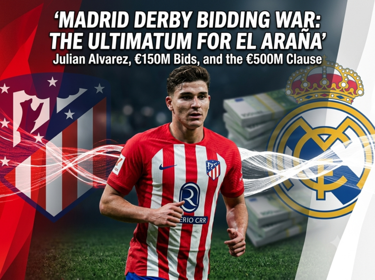 The Spider Who Outgrew His Web: Julian Alvarez & the €150M Power Play Julian Alvarez in Atletico Madrid jersey next to Real Madrid logo and a 150 million euro bid