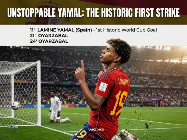 Lamine Yamal celebrates after scoring his first World Cup goal for Spain against Saudi Arabia