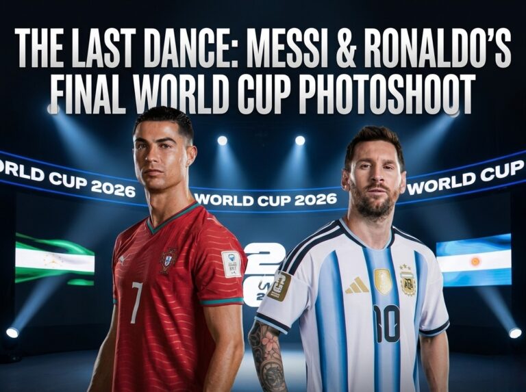 Messi vs Ronaldo: The Last Dance at World Cup 2026 Cristiano Ronaldo and Lionel Messi posing together for the official World Cup 2026 final photoshoot graphic.