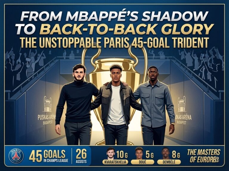 Ousmane Dembélé, Désiré Doué, and Khvicha Kvaratskhelia celebrating with the Champions League trophy