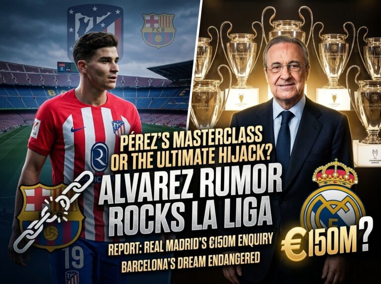 Florentino Pérez holding a Real Madrid jersey as the club targets Julián Álvarez in a €150 million transfer deal