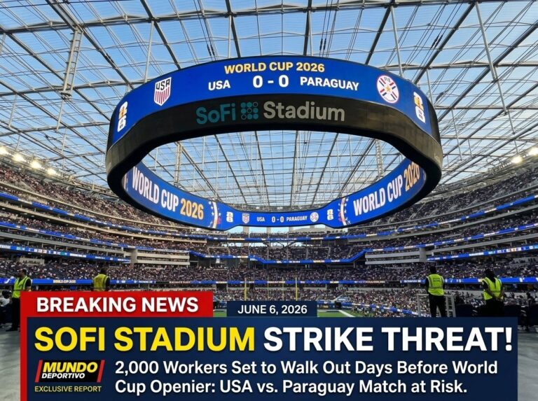 SoFi Stadium giant video board displaying World Cup 2026 USA vs Paraguay match with a breaking news banner about a 2,000 worker strike threat.