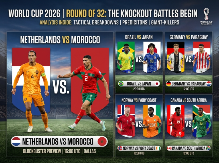 World Cup 2026 Round of 32: Five Blockbuster Clashes That Will Set the Tone for the Knockout Stage 2026 FIFA World Cup Round of 32 fixtures featuring Netherlands vs Morocco, Brazil vs Japan and more