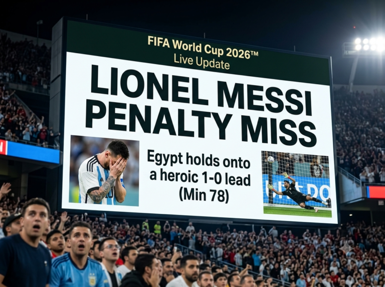 Messi Penalty Miss vs Egypt: Argentina Stunned in World Cup Round of 16 Lionel Messi missing a penalty against Egypt goalkeeper Mostafa Shobeir at the 2026 World Cup