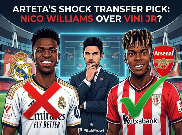 Nico Williams Arsenal Transfer: Arteta's Bold New Plan Nico Williams and Vinicius Junior split image with Arsenal crest background