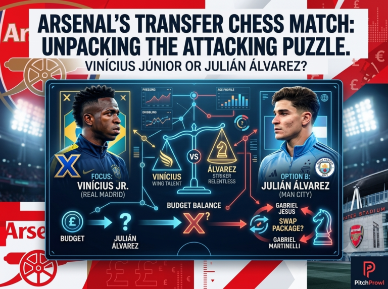 Arsenal Vinicius Junior Transfer: Why Álvarez Is Plan B Arsenal crest split with Vinicius Junior, symbolizing Arsenal's Vinicius Junior transfer pursuit