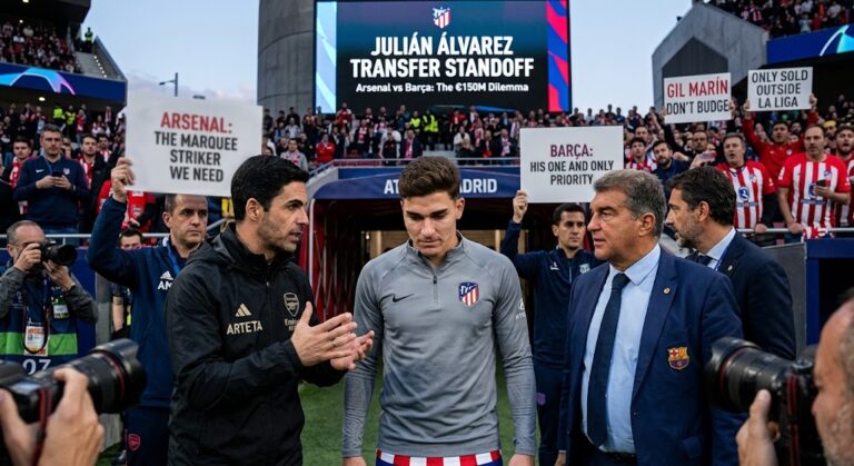 Julián Álvarez Transfer Saga: Arsenal, Barça Standoff Julián Álvarez in Atlético Madrid kit during transfer saga